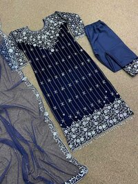 Women Sequnce Embroidery Velvet Lace Salwar Suit...