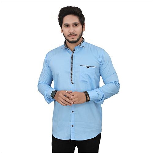 Solid Casual Light Blue Cotton Shirt