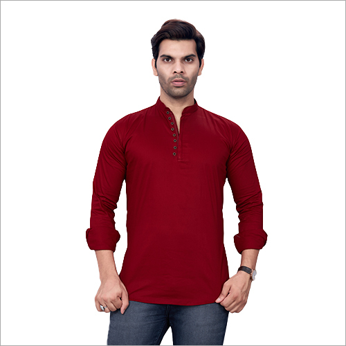 Mens Maroon Short Kurta - Cotton Fabric, Long Sleeve, Washable | Ethnic Indian Wear for Summer with Plain Pattern and Comfortable Fit