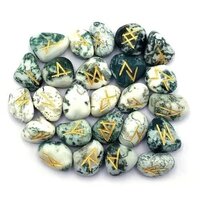 Natural Tree Agate Gemstone Rune Set - Natural Agate, 18x22 Mm, Green & White | Grade A+, 100 Grams, Round Brilliant Cut Runes