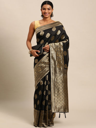 Black Banarasi Silk Blend Jacquard Woven Golden Zari Butta Saree