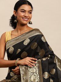 Black Banarasi Silk Blend Jacquard Woven Golden Zari Butta Saree