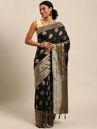 Black Banarasi Silk Blend Jacquard Woven Golden Zari Butta Saree