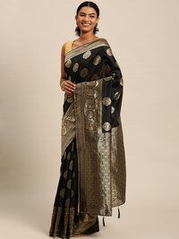 Black Banarasi Silk Blend Jacquard Woven Golden Zari Butta Saree