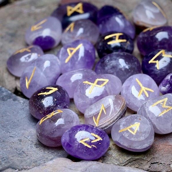 Natural Amethyst Stone Gemstone Rune Set