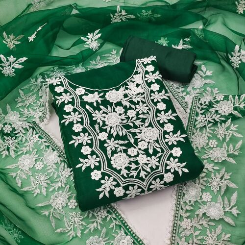 Embroidered Aaditi Green Organza Dress Material