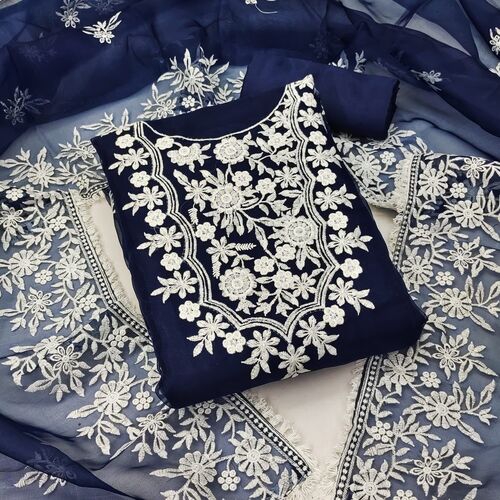 Embroidered Aaditi Navy Blue Organza Dress Material