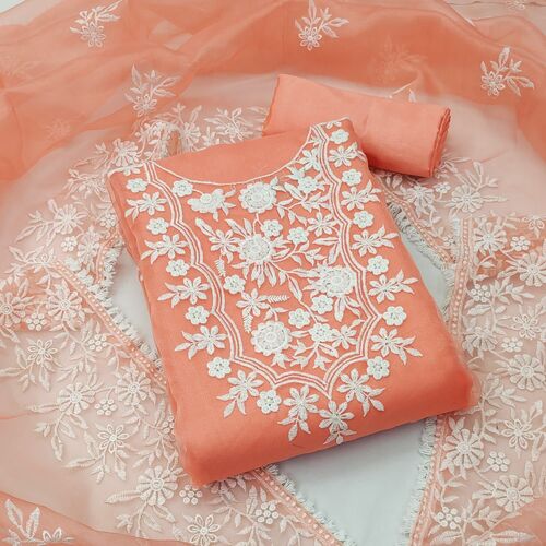 Embroidered Aaditi Orange Organza Dress Material