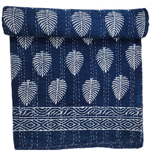 100% Cotton Blue Indigo Hand Block Print Kantha Quilt