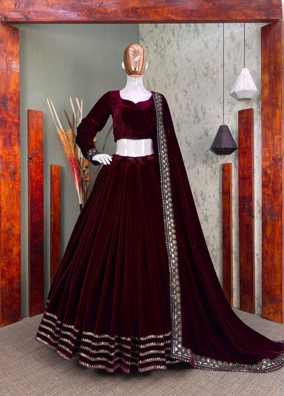 WOMEN BRIDAL WINTER VELVET HEAVY SEQUENCE WORK LEHENGHA CHOLI WITH EMBROIDERED DUPATTA
