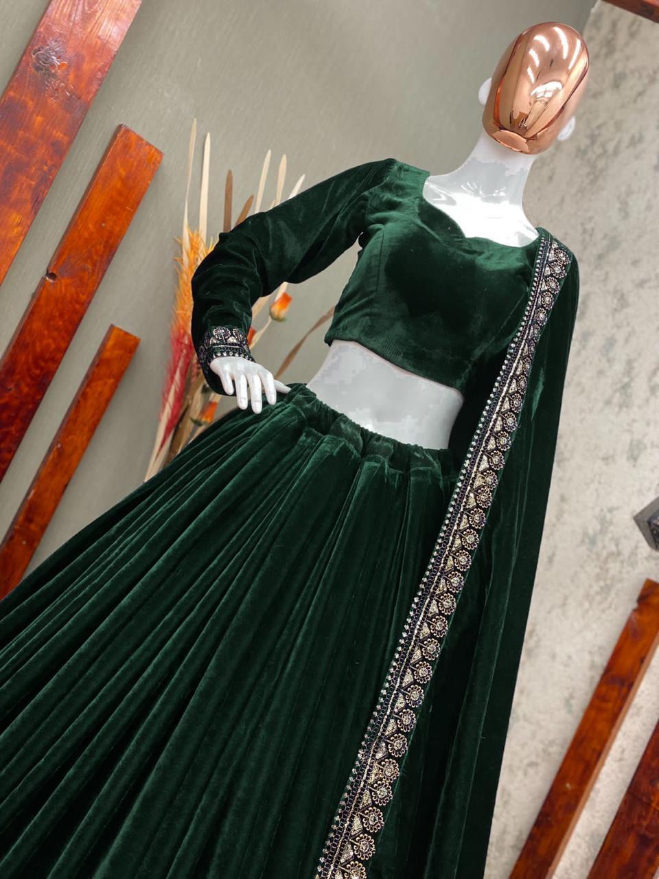 WOMEN BRIDAL WINTER VELVET HEAVY SEQUENCE WORK LEHENGHA CHOLI WITH EMBROIDERED DUPATTA