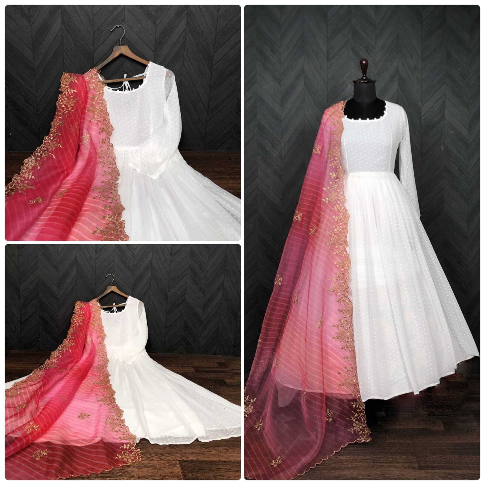 Women White Colored Faux Georgette Butti Party Wear Gown