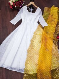 Women White Colored Faux Georgette Butti Party Wear Gown