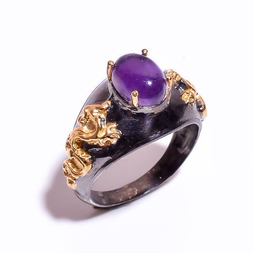 Gold And Rhodium Plated Ring Natural Gemstone Amethyst 925 Sterling Silver Rings - Color: Black