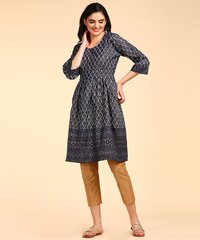 Flared Kurti Dress - Cotton Blend, 39 Inch Length, Dark Blue Color | Floral Printed Design, Adjustable Tie-up Waist Belt, 3/4 Sleeve, Perfect For Casual And Ethnic Wear