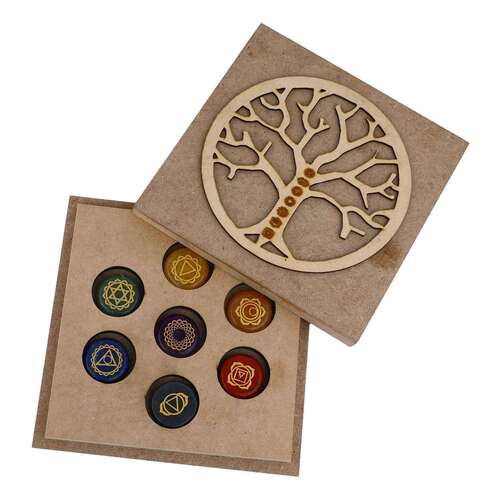 Natural 7 Chakras Stone Oval Round Heart Shape Reiki Healing Set with Tree of Life Box