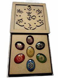 Natural 7 Chakras Stone Reiki Healing Set with OM symbol Wooden Box