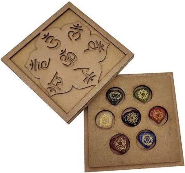 Natural 7 Chakras Stone Reiki Healing Set with OM symbol Wooden Box