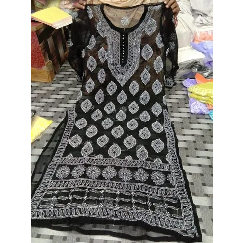 Washable Lucknow Chikan Chiffon Black Kurti