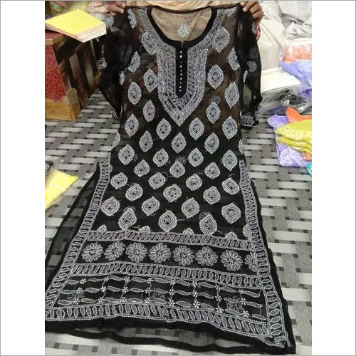 Lucknow Chikan Chiffon Black Kurti