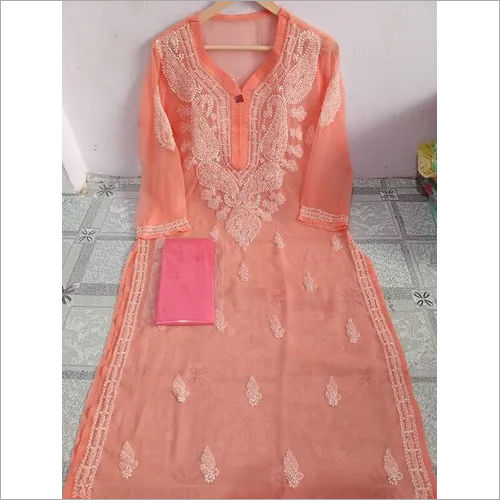 Peach Women Chikankari Embroidered Handloom Kurti