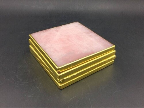 Natural High Quality Rose Quartz Golden Plated Square Shape Gemstone Coasters