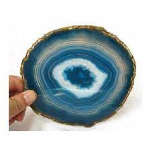 Natural Blue Agate Stone Round Shape Golden Plated Gemstone Coaster