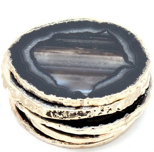 Natural Black Agate Bulk Stone Gold Electroplated Round Shape Gemstone Coaster