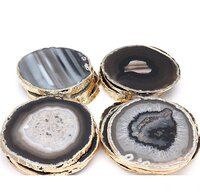 Natural Black Agate Bulk Stone Gold Electroplated Round Shape Gemstone Coaster