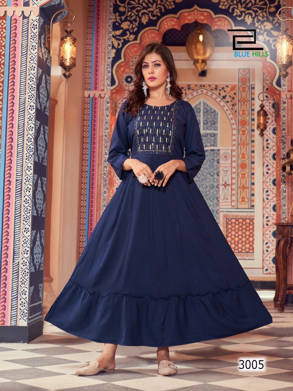 Women Long Frill Gown with Heavy Embroidery work