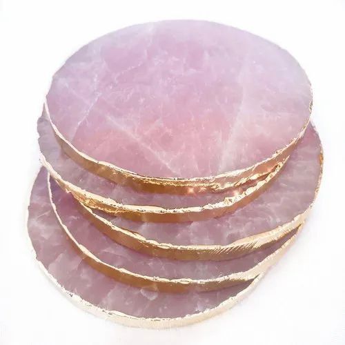 Natural High Quality Rose Quartz Golden Plated Round Shape Gemstone Coasters