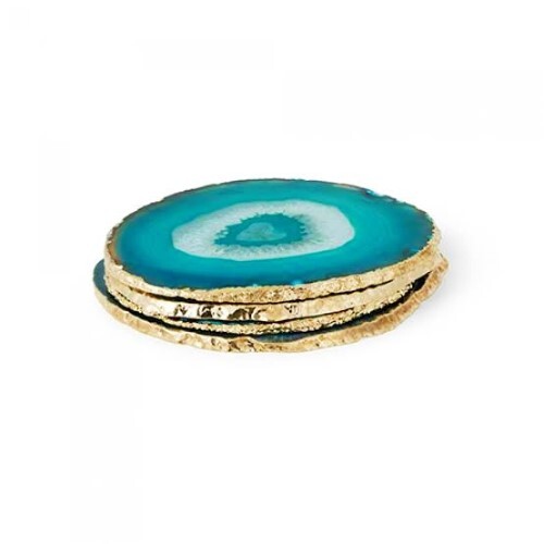 Natural Blue Turquoise Stone Gold Electroplated Round Shape Gemstone Coaster