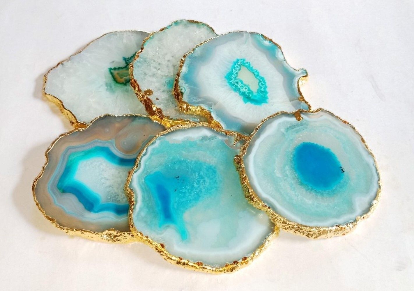 Natural Blue Turquoise Stone Gold Electroplated Round Shape Gemstone Coaster