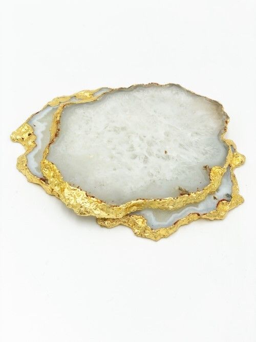 Natural White Agate Stone Gold Electroplated Round Shape Gemstone Coaster