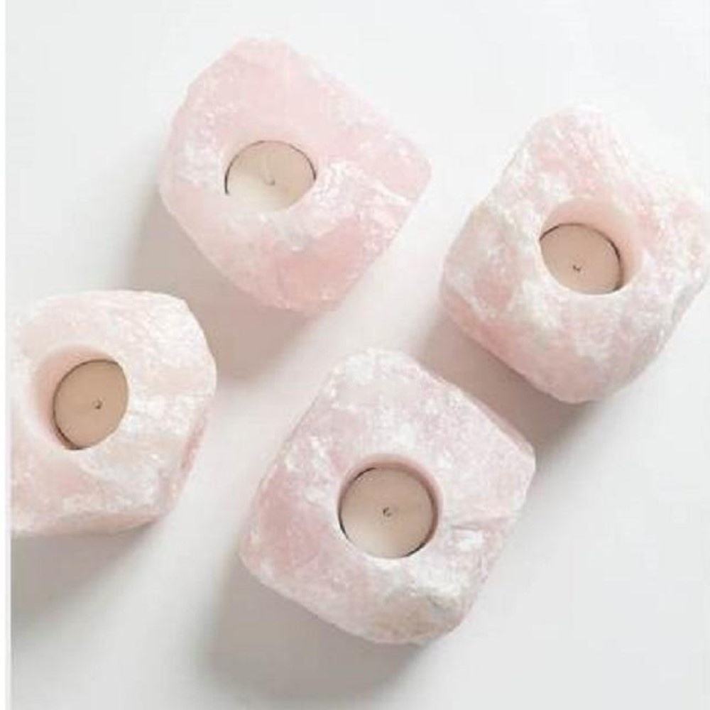 Natural Rose Quartz Gemstone Candle Holder Stand Irregular Shape