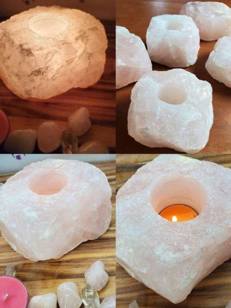 Natural Rose Quartz Gemstone Candle Holder Stand Irregular Shape