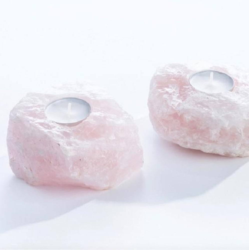 Natural Rose Quartz Gemstone Candle Holder Stand Irregular Shape