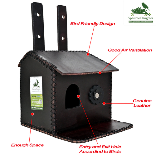 Flower Embedded Bird House For Sparrow - Leather, Vegan Leather, Synthetic Leather | Dark Brown, Dimensions: 16.5x16x26 Cm, Easy Installation, Handcrafted By Artisans