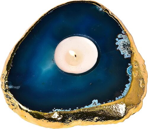 Natural Blue Agate Gemstone Candle Holder Stand Irregular Shape