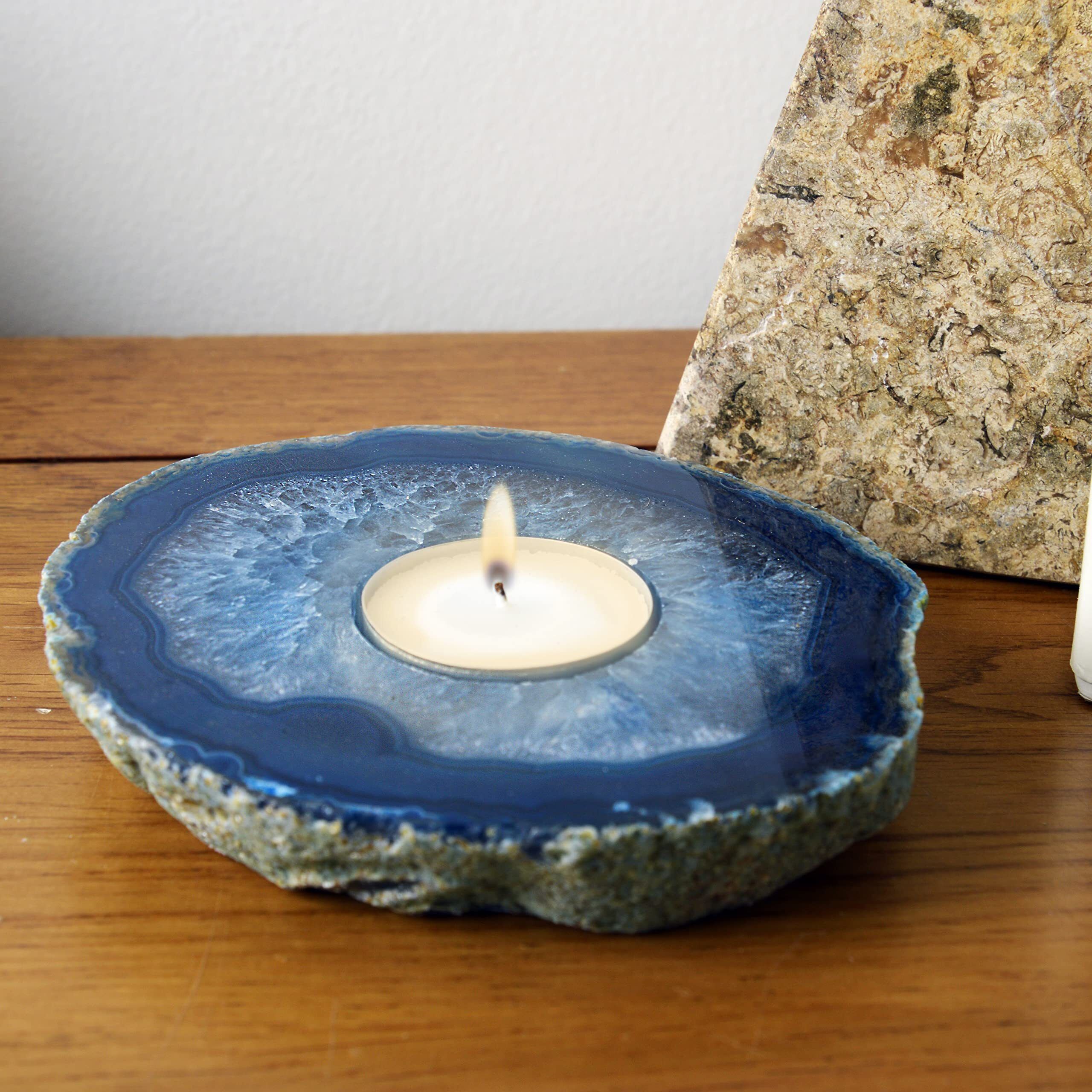 Natural Blue Agate Gemstone Candle Holder Stand Irregular Shape