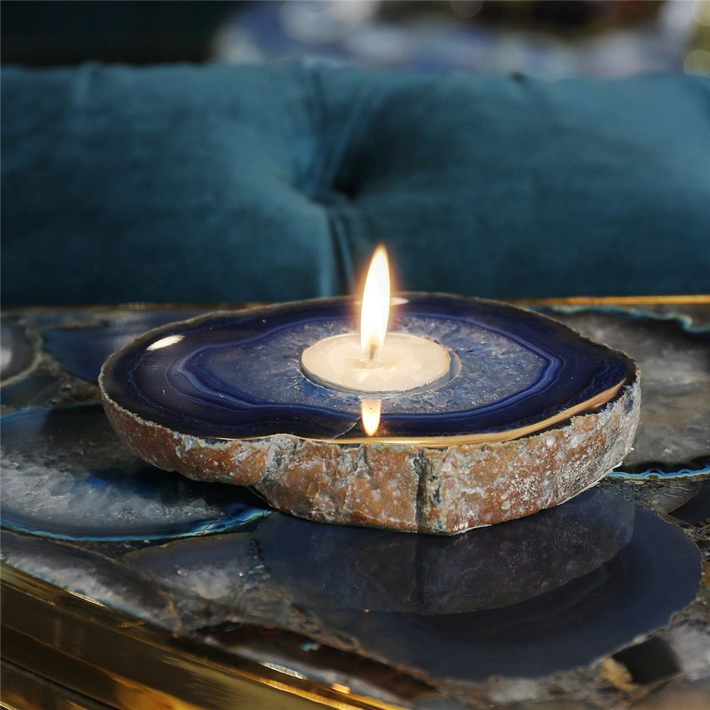 Natural Blue Agate Gemstone Candle Holder Stand Irregular Shape