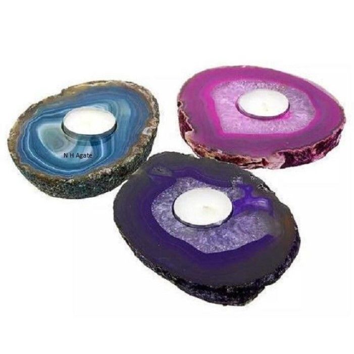 Natural Blue Agate Gemstone Candle Holder Stand Irregular Shape