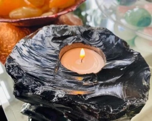Natural Black Obsidian Gemstone Candle Holder Stand Irregular Shape