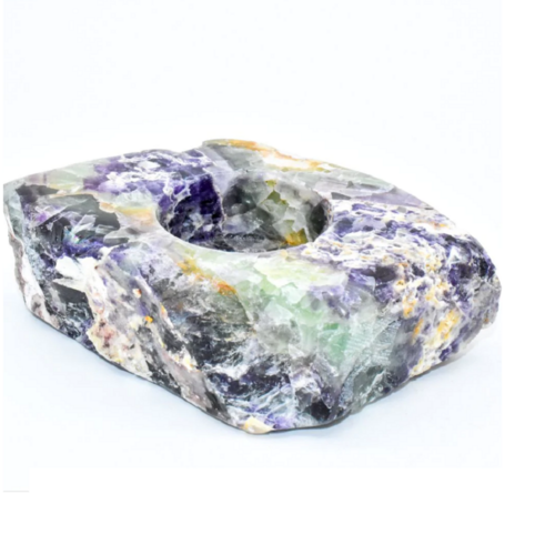 Natural Rainbow Fluorite Gemstone Candle Holder Stand Irregular Shape