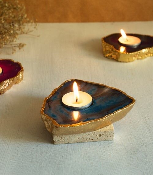 Natural Sodalite Gemstone Candle Holder Stand Irregular Shape