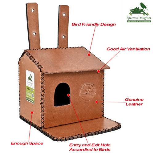HAND CRAFT FLOWER EMBEDDED BIRD HOUSE FOR LOVE BIRD - Leather, Vegan Leather, Synthetic Leather, 16.5x16x2.6 cm , Handcrafted for Small Birds, Easy Installation Options