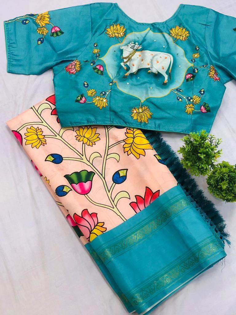 Women Pichwai Soft Silk  Kalmkari Digital Print Designer Saree