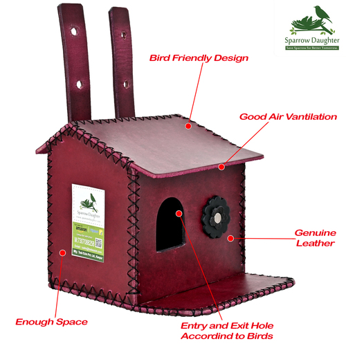 HAND CRAFT FLOWER EMBEDDED BIRD HOUSE FOR SPARROW BIRD - Leather, Vegan Leather, Synthetic Leather | 16.5x16x2.6 cm, Pink, Easy Installation, Handcrafted by Women Artisans