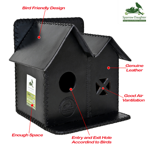 TWINNING BIRD HOUSE FOR LOVE BIRD - Leather, Vegan Leather, Synthetic Leather, 17.5x20.5x20.5 cm, Black | Handcrafted, Easy Installation, Safe for Small Birds