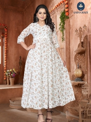 Indian White Georgette Floral Print Long Dress